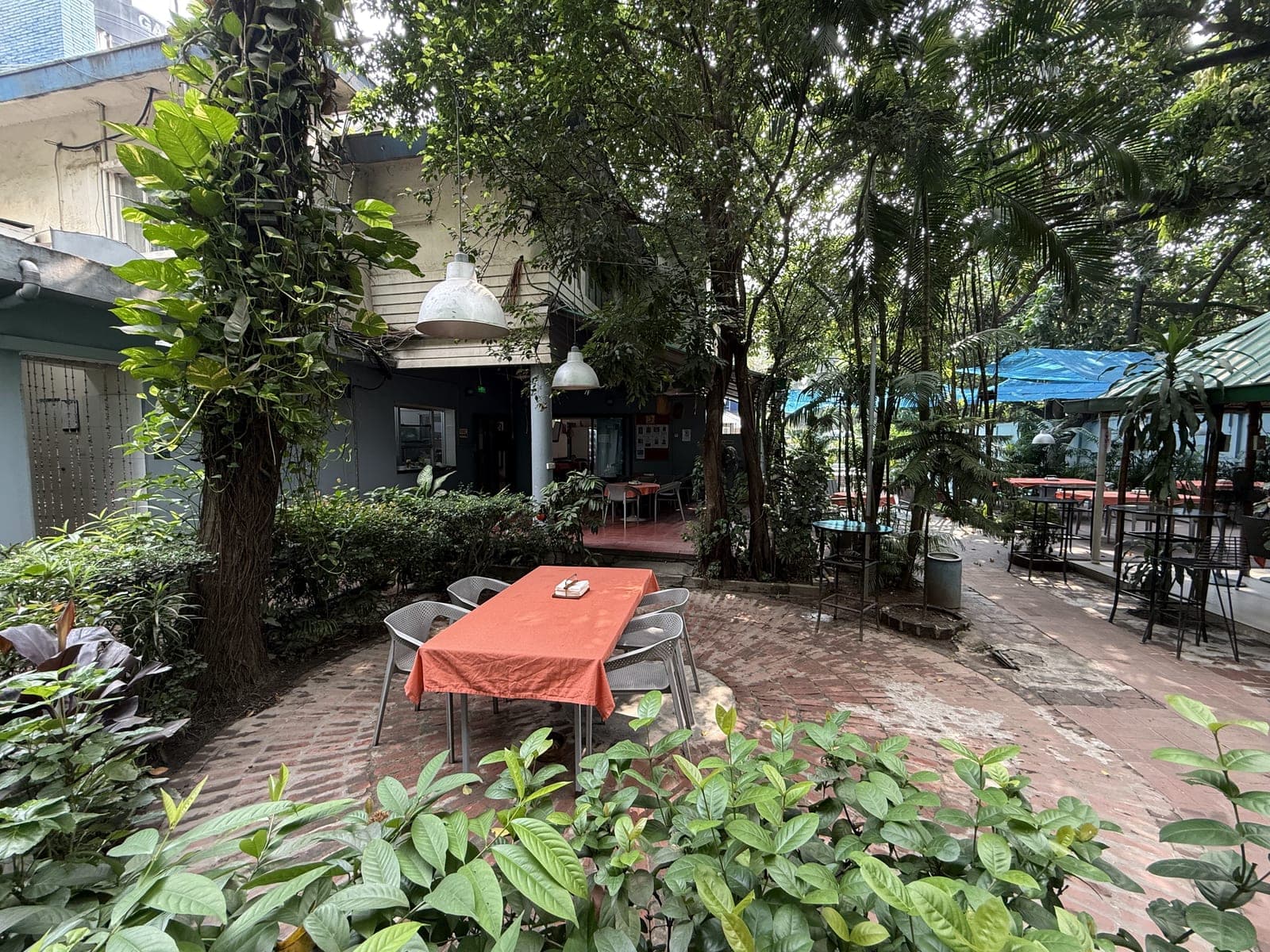 Dining tables under the trees in the club garden